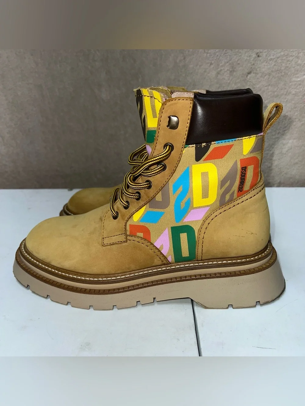 Dsquared2 D2 Monogram Ankle Boots Mens Size EU 42 Beige Wheat Made In Italy